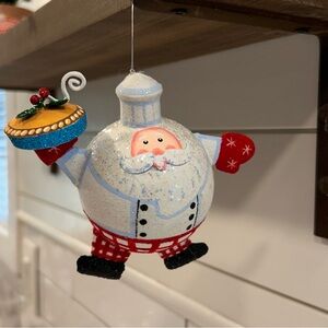 Vtg PIER 1 Red 5.5" Xmas Kitchen CHEF SANTA BALL Flocked GLITTER Glass Look